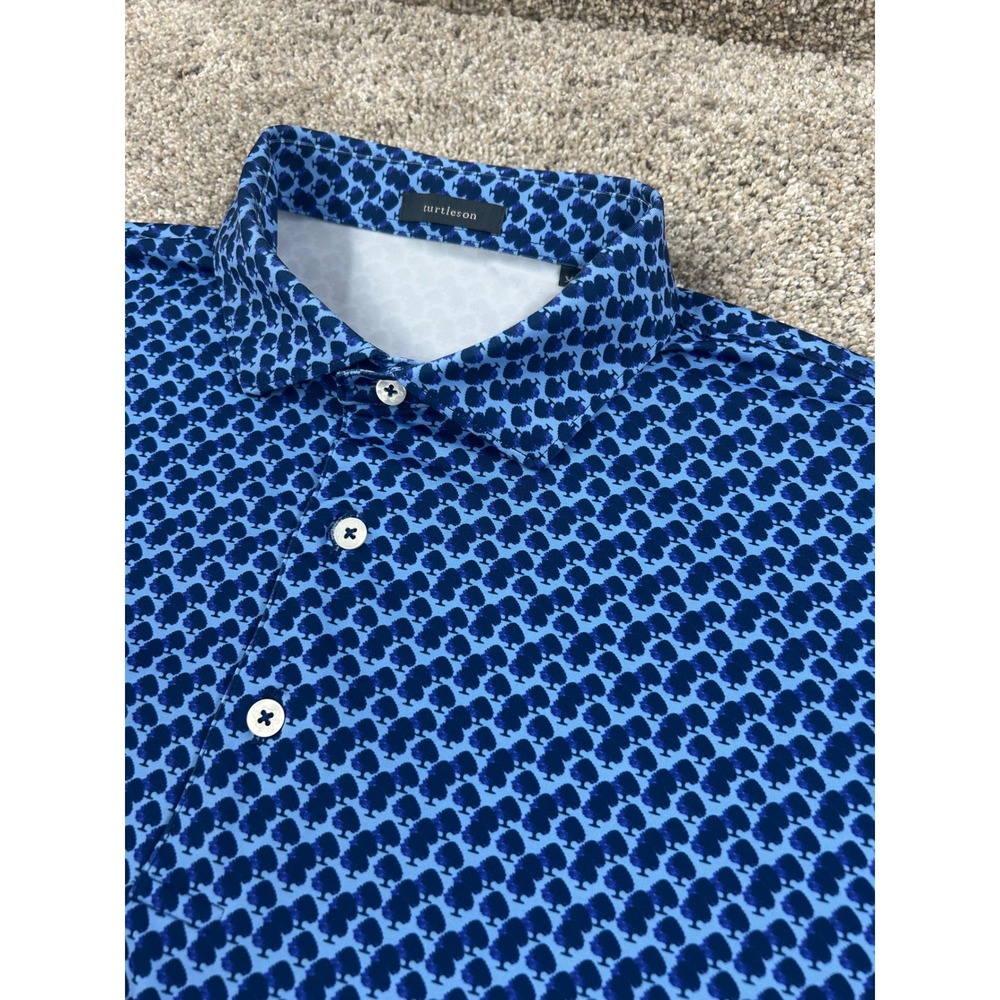 Turtleson Mens XL Performance Golf Polo Blue Geometric Tree Print Stretch #0758